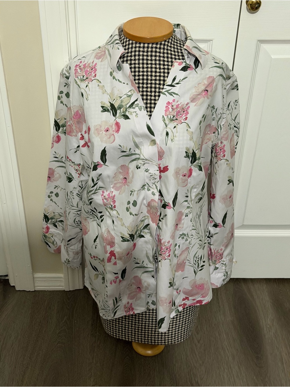 Investments White Button-Down Blouse with Pink & Green Floral Print